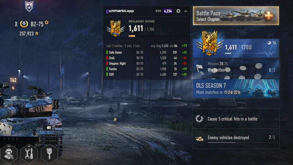 Onslaught garage: Your rank and rating, and your last battles with their damage, Prestige Points and rating change.