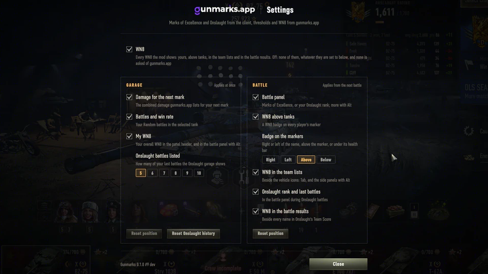 Settings: Every part can be turned on or off, WN8 everywhere at once included, and the WN8 badge placed where you like it.